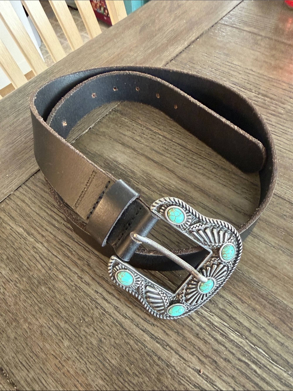 Lucky Brand Black Leather Belt with Turquoise-Accented Silver Buckle